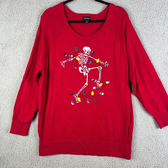 Torrid  Christmas Sweater Womens 2 Red Knit Pullover Skeleton Sequin Lights Plus - Picture 1 of 8